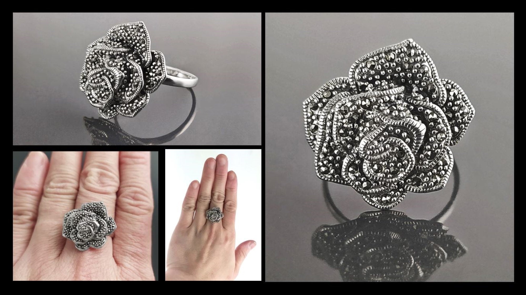 Vintage Rose Ring, Sterling Silver, Natural Marcasite Gray Stones Jewelry, Vintage Romantic Rose Flower Blossom, Bold Antique Design Gift