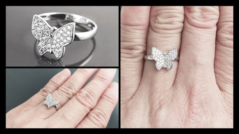 Butterfly Ring, Sterling Silver, Clear White Stones (CZ), Designer Butterflies Jewelry, Fashion Ring, Gift for Her, Bright Ring