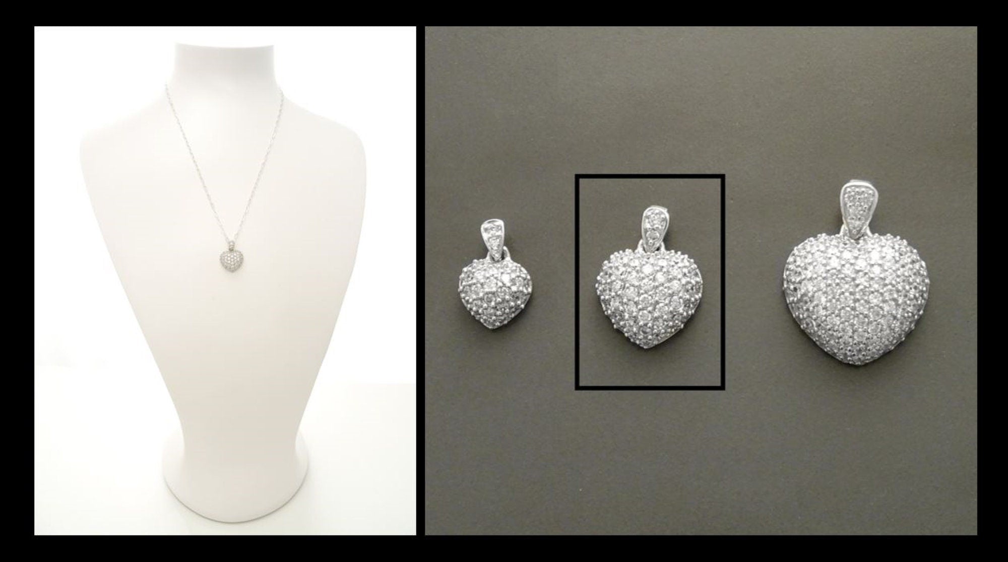 Sterling Silver Pave Heart Necklace • Cz Stones Pendant • Lovers Jewelry • Size M