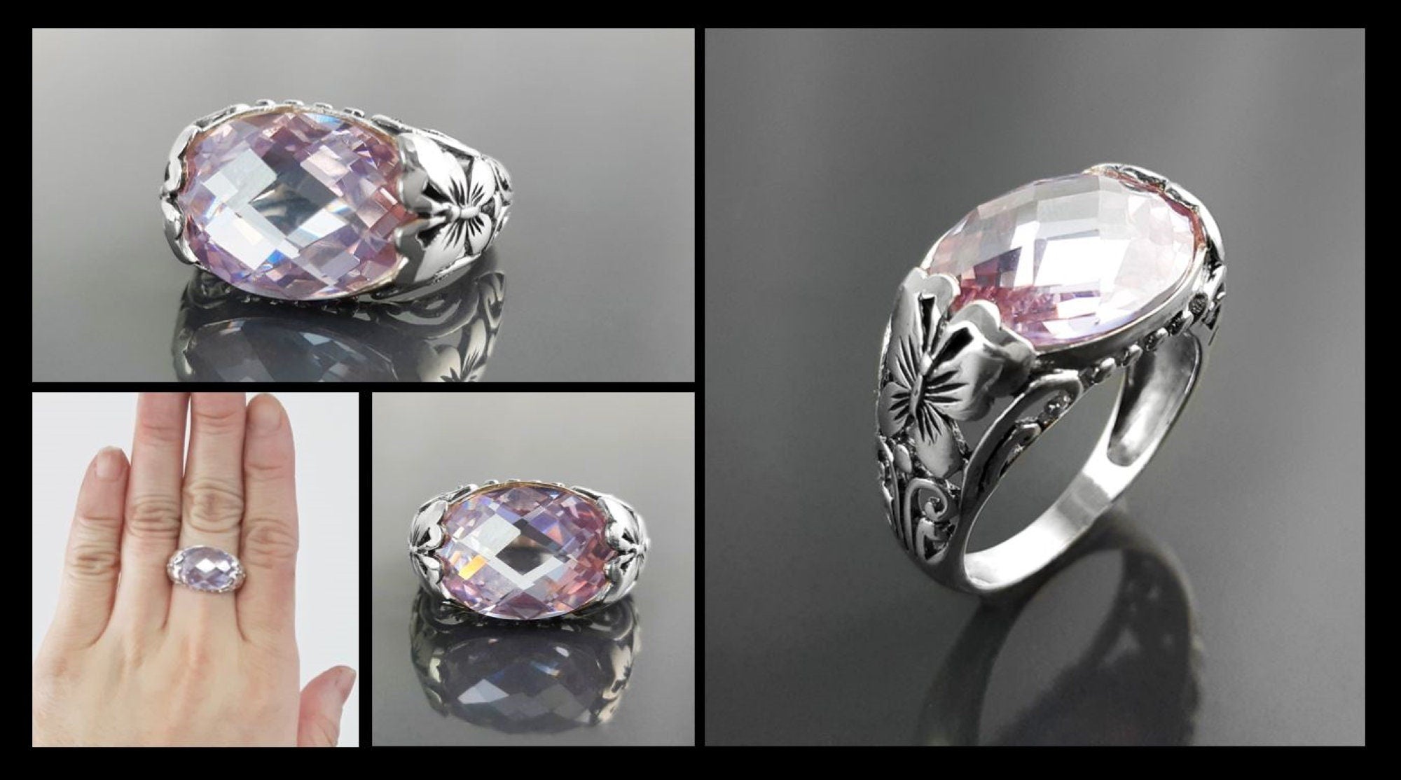 Ring 925 Sterling Silver Butterflies, Horizontal Band, Pink Lilac Amethyst Color Lab Stone (CZ) , Butterfly Ring, XL size
