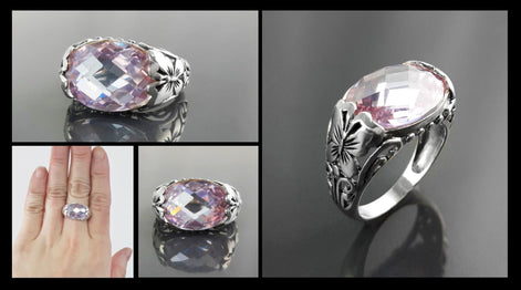 Ring 925 Sterling Silver Butterflies, Horizontal Band, Pink Lilac Amethyst Color Lab Stone (CZ) , Butterfly Ring, XL size