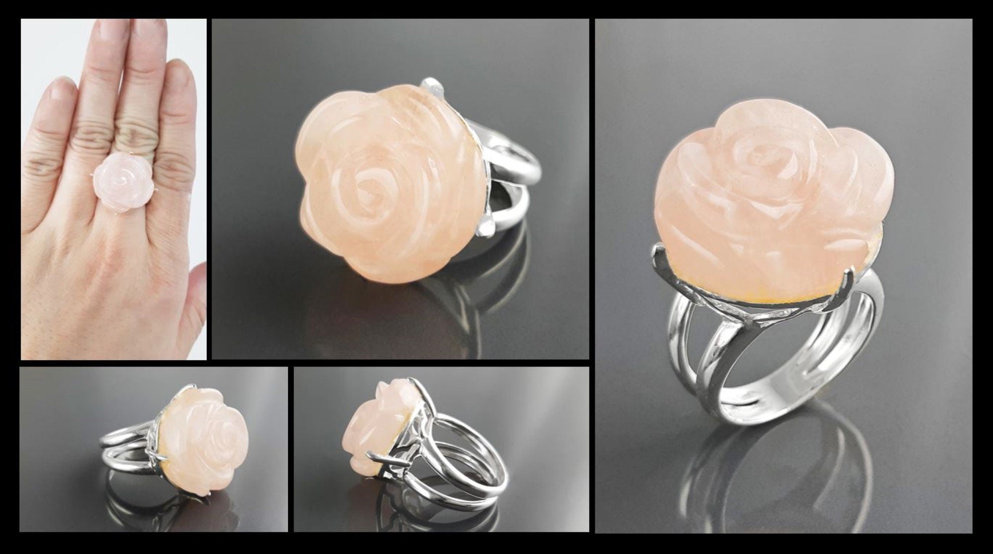 Rose Ring Sterling Silver 925, engraved stone, NATURAL Rose Quartz Gemstone jewelry, Rose flower, Floral design, Birthstone Ring