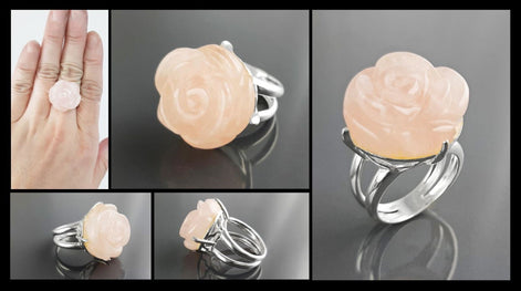 Rose Ring Sterling Silver 925, engraved stone, NATURAL Rose Quartz Gemstone jewelry, Rose flower, Floral design, Birthstone Ring