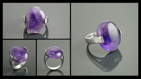 Genuine Amethyst Ring - Sterling Silver - Geometric Ring - Oval Shape - Designer Ring - Modern Ring - Minimalist Ring - Everyday - Purple