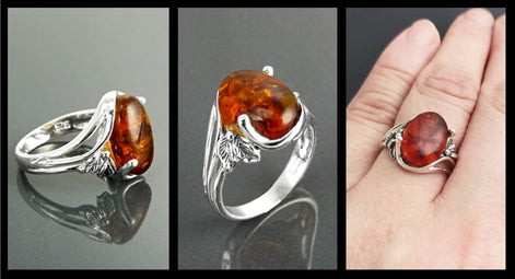 Genuine Amber Ring, Sterling Silver, Intricate Filigree Lace Ring, Horizontal Oval Shape Ring, Boho Gypsy Ring, Antique Vintage Jewelry