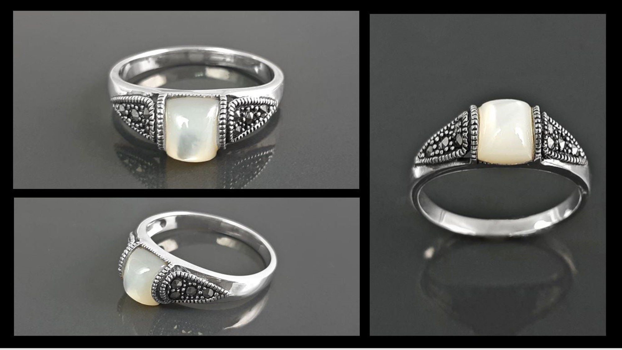 Vintage band ring, sterling silver ring with Genuine white domed Mother of pearl and marcasite stones, art-deco design style jewelry