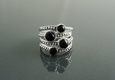 Onyx Multi Band Ring • Sterling Silver • Boho Black Stone Jewelry • Statement Antique Style gift for Her