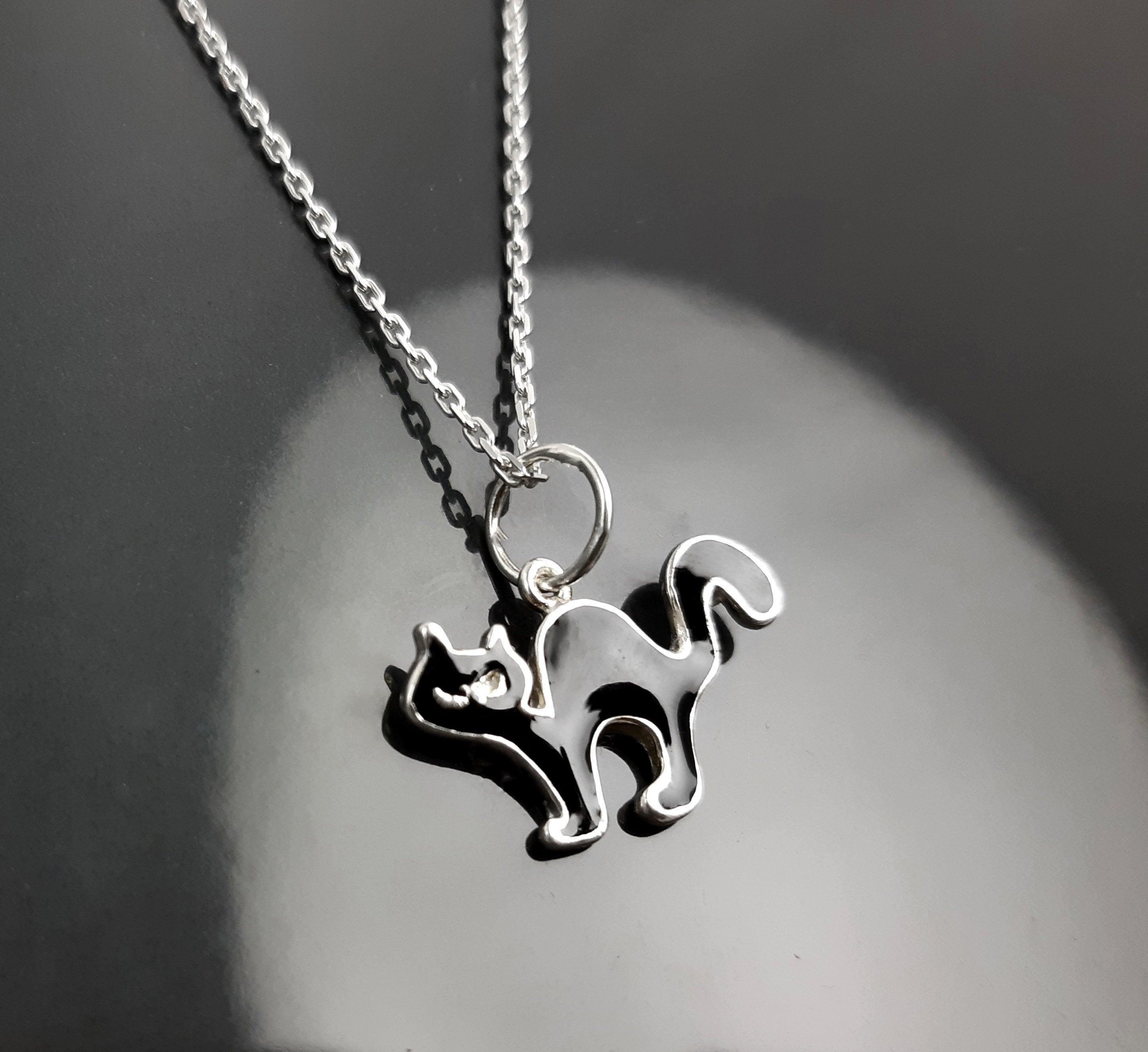 Sterling Silver Black Cat Pendant Necklace, Halloween Witchy Jewelry