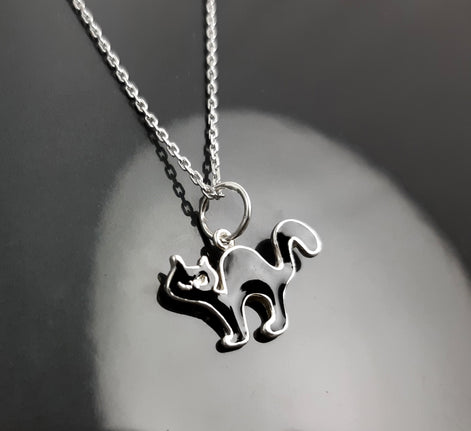 Sterling Silver Black Cat Pendant Necklace, Halloween Witchy Jewelry