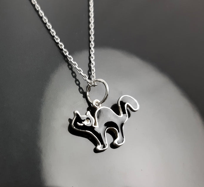 Sterling Silver Black Cat Pendant Necklace, Halloween Witchy Jewelry