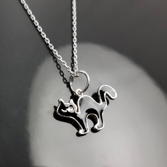 Sterling Silver Black Cat Pendant Necklace, Halloween Witchy Jewelry