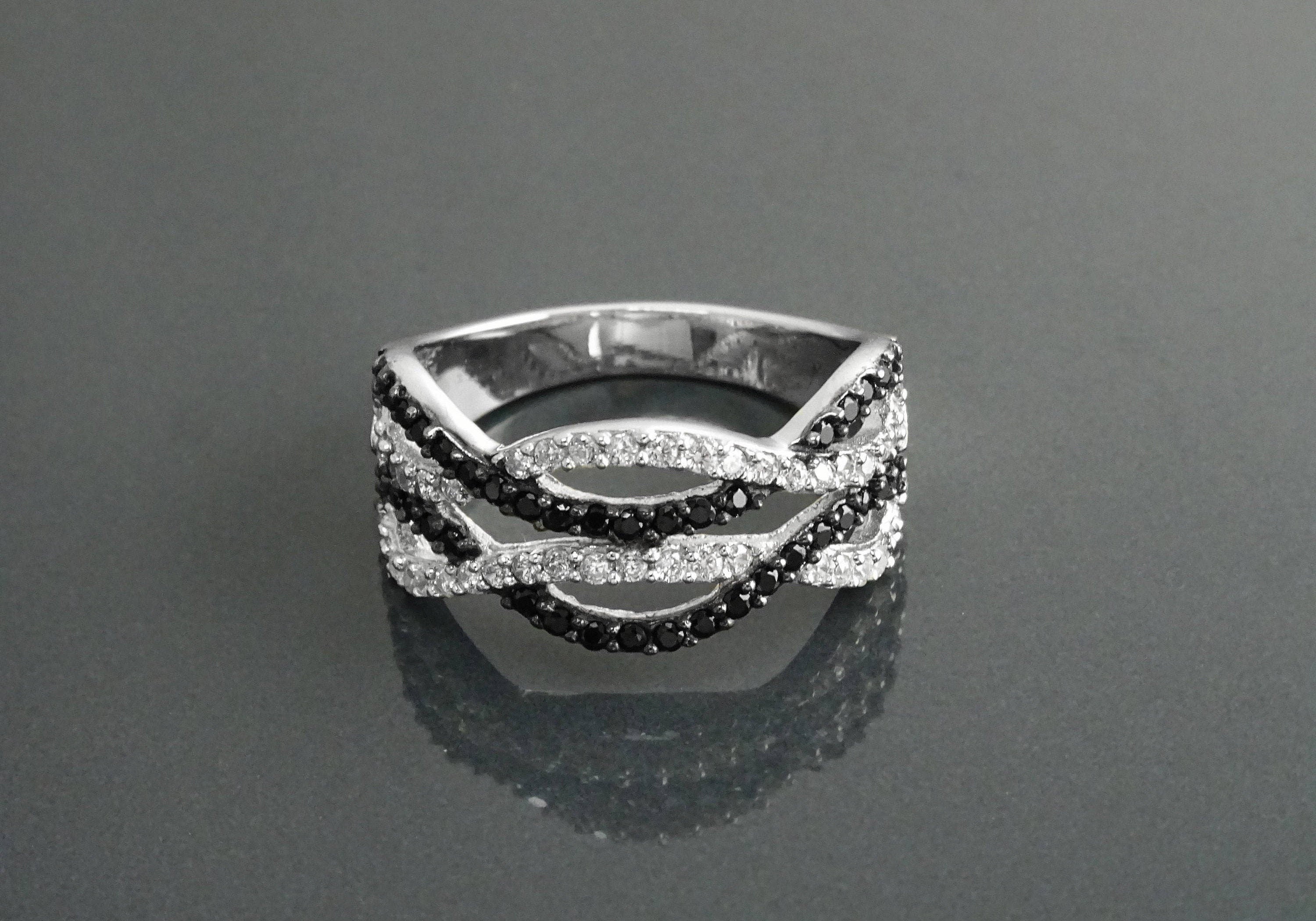 Sterling Silver Intertwined Waves Ring, Black White CZ Stones, Cocktail Ring