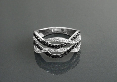 Sterling Silver Intertwined Waves Ring, Black White CZ Stones, Cocktail Ring