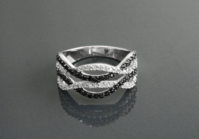 Sterling Silver Intertwined Waves Ring, Black White CZ Stones, Cocktail Ring