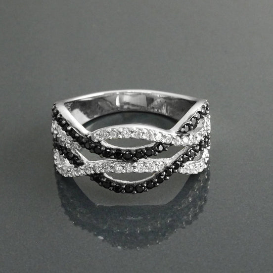 Sterling Silver Intertwined Waves Ring, Black White CZ Stones, Cocktail Ring