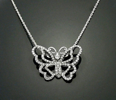 Sterling Silver Butterfly Necklace, Paved Brilliant CZ Wings, Nature Charm Jewelry