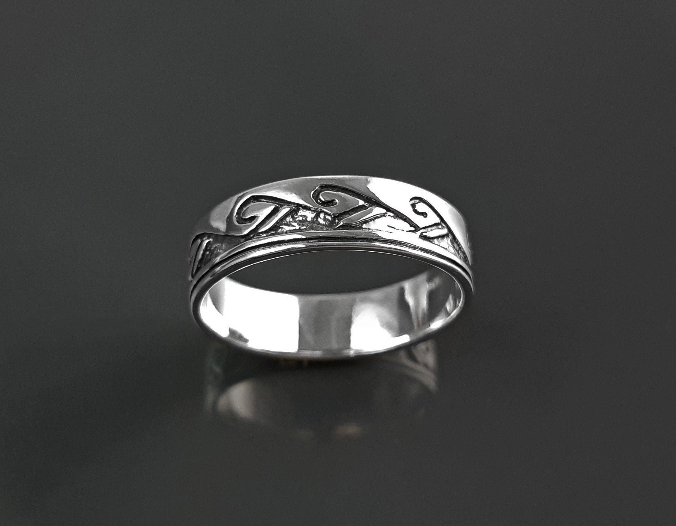 Tribal Wave Ring, Sterling Silver, Surfer Beach Band, Carved Ocean Waves Pattern, Unique Ocean Jewelry, Unisex ring
