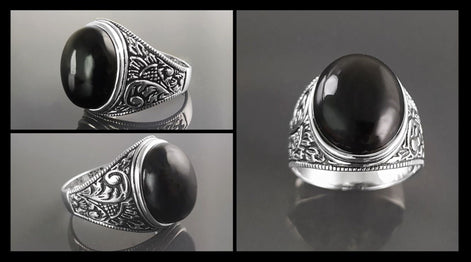 925 Hipster Tribal Ring Sterling Silver, Baroque Vintage Ring, Oval Stone Ring, Engraved Medieval Ring, Unisex Gothic Pirate jewelry