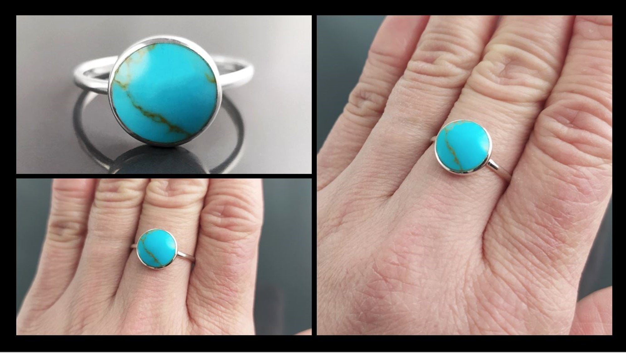 Blue Turquoise Ring, Silver 925, Small Round flat Stone, Geometric Simple Turquoise Jewelry, Dainty Modern Stacking Minimalist Ring