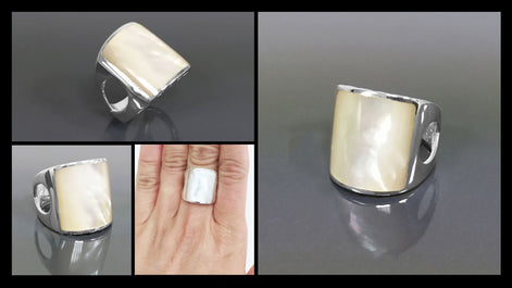 White Square MOP Ring, sterling silver, cuff ring, large armor Ring, modern minimalist wide stone design jewelry, Mother-of-Pearl Shell