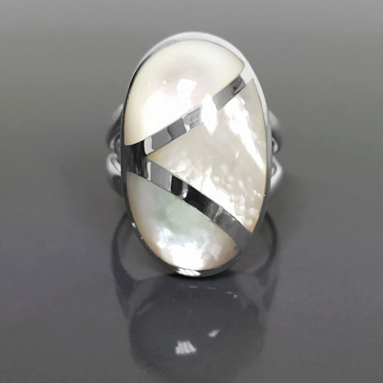 White Oval Ring, Sterling Silver, Genuine Mother of Pearl Shell, Oval Modern Design Ring, Original Geometric Stone Ring