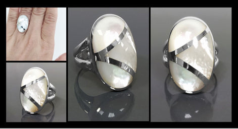 White Oval Ring, Sterling Silver, Genuine Mother of Pearl Shell, Oval Modern Design Ring, Original Geometric Stone Ring