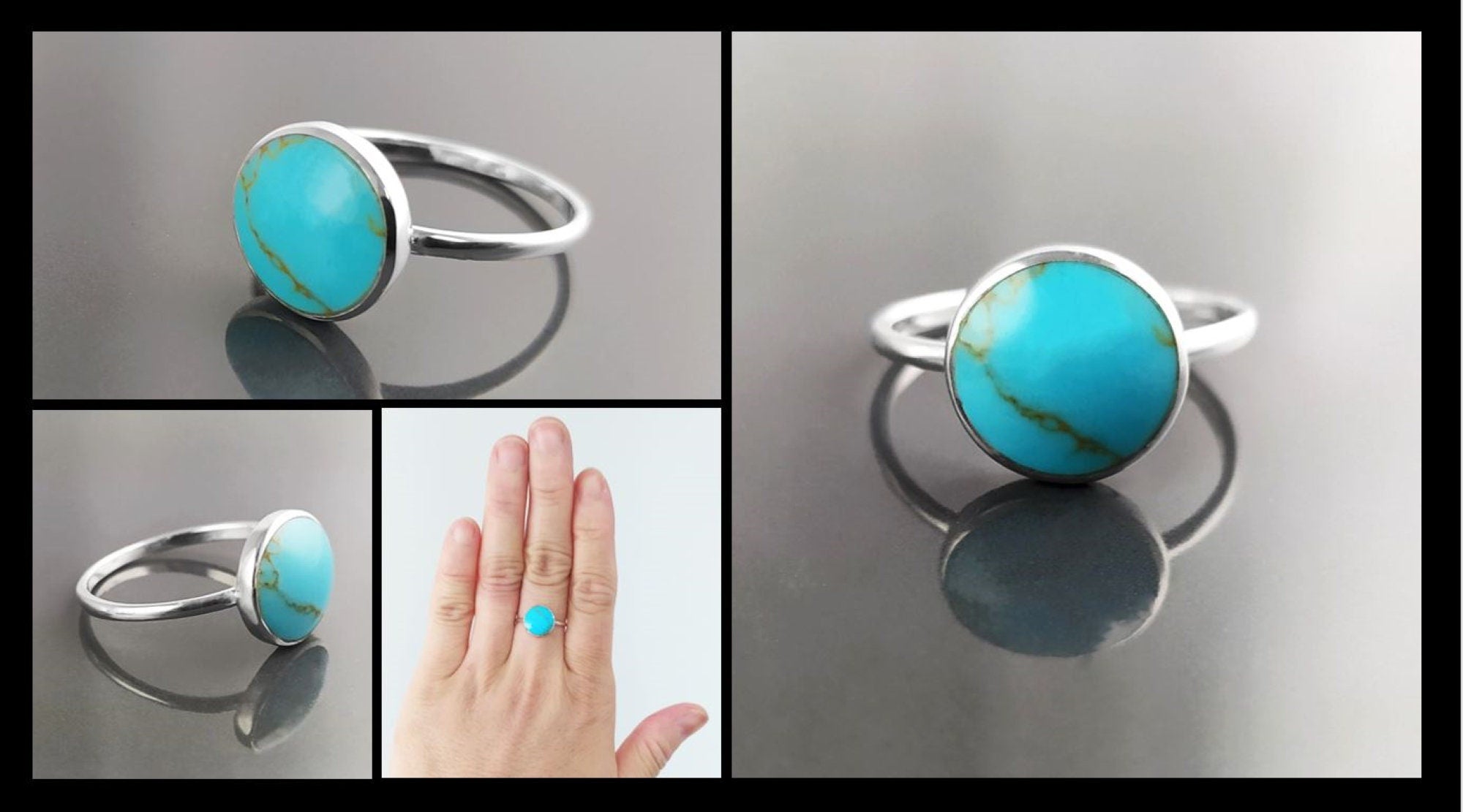 Blue Turquoise Ring, Silver 925, Small Round flat Stone, Geometric Simple Turquoise Jewelry, Dainty Modern Stacking Minimalist Ring