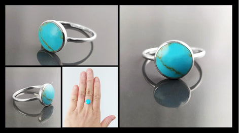 Blue Turquoise Ring, Silver 925, Small Round flat Stone, Geometric Simple Turquoise Jewelry, Dainty Modern Stacking Minimalist Ring