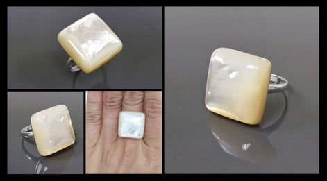 White Square Ring, Sterling Silver, Natural Mother of Pearl Shell, Designer Geometrical Foursquare Stone Jewelry, Statement Minimalist Ring