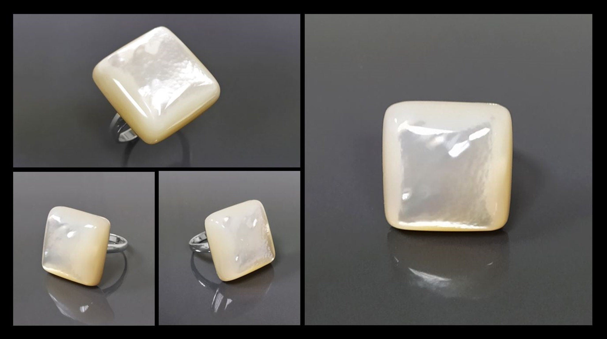 White Square Ring, Sterling Silver, Natural Mother of Pearl Shell, Designer Geometrical Foursquare Stone Jewelry, Statement Minimalist Ring