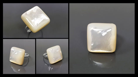 White Square Ring, Sterling Silver, Natural Mother of Pearl Shell, Designer Geometrical Foursquare Stone Jewelry, Statement Minimalist Ring