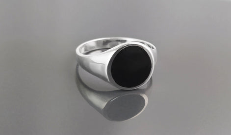Sterling Silver Round Black Onyx Signet Ring, Unisex