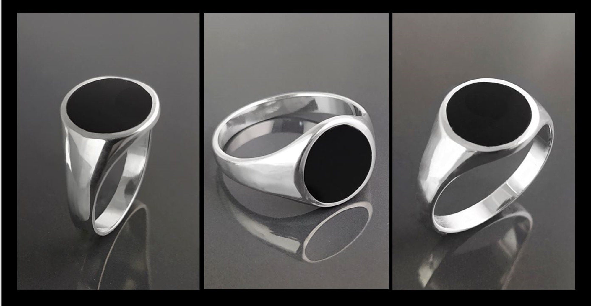 Sterling Silver Round Black Onyx Signet Ring, Unisex
