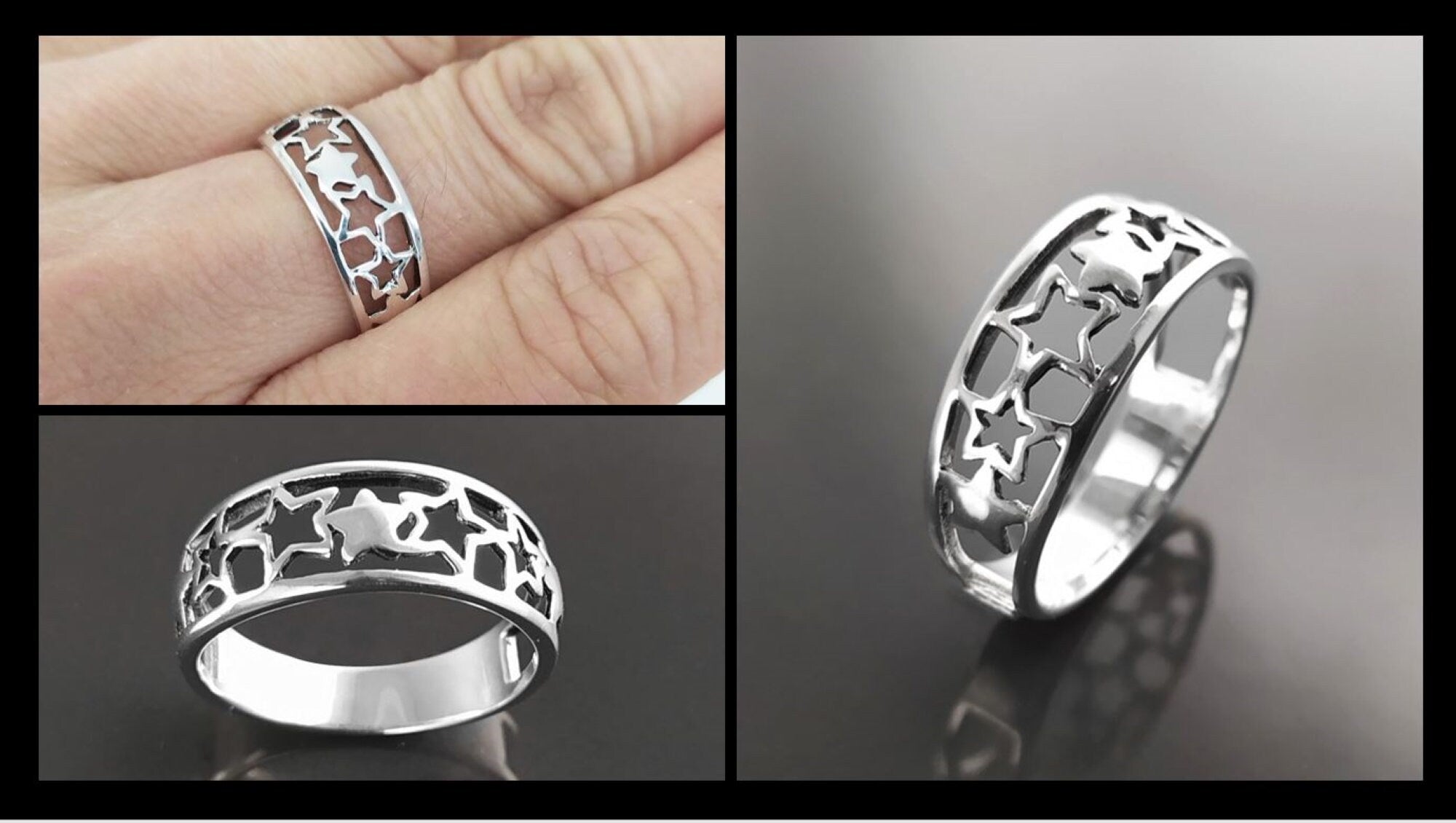 Sterling Silver Star Ring, Open-Work Constellation Band,