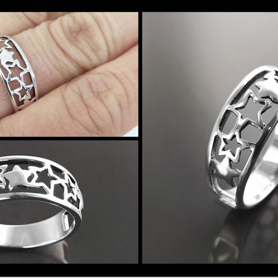 Sterling Silver Star Ring, Open-Work Constellation Band,