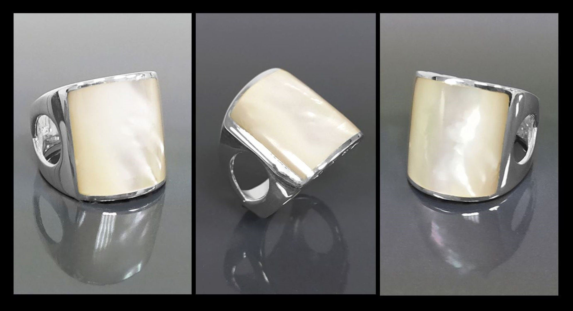 White Square MOP Ring, sterling silver, cuff ring, large armor Ring, modern minimalist wide stone design jewelry, Mother-of-Pearl Shell