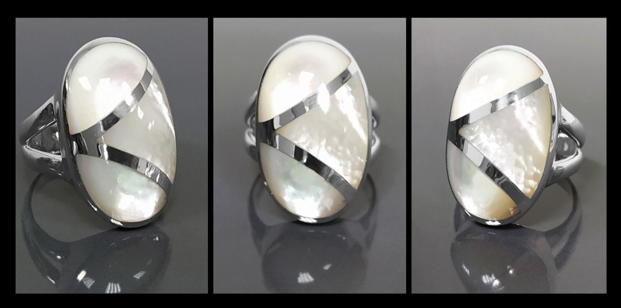 White Oval Ring, Sterling Silver, Genuine Mother of Pearl Shell, Oval Modern Design Ring, Original Geometric Stone Ring