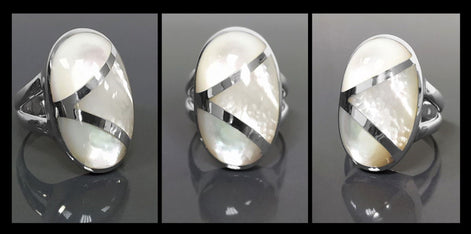 White Oval Ring, Sterling Silver, Genuine Mother of Pearl Shell, Oval Modern Design Ring, Original Geometric Stone Ring