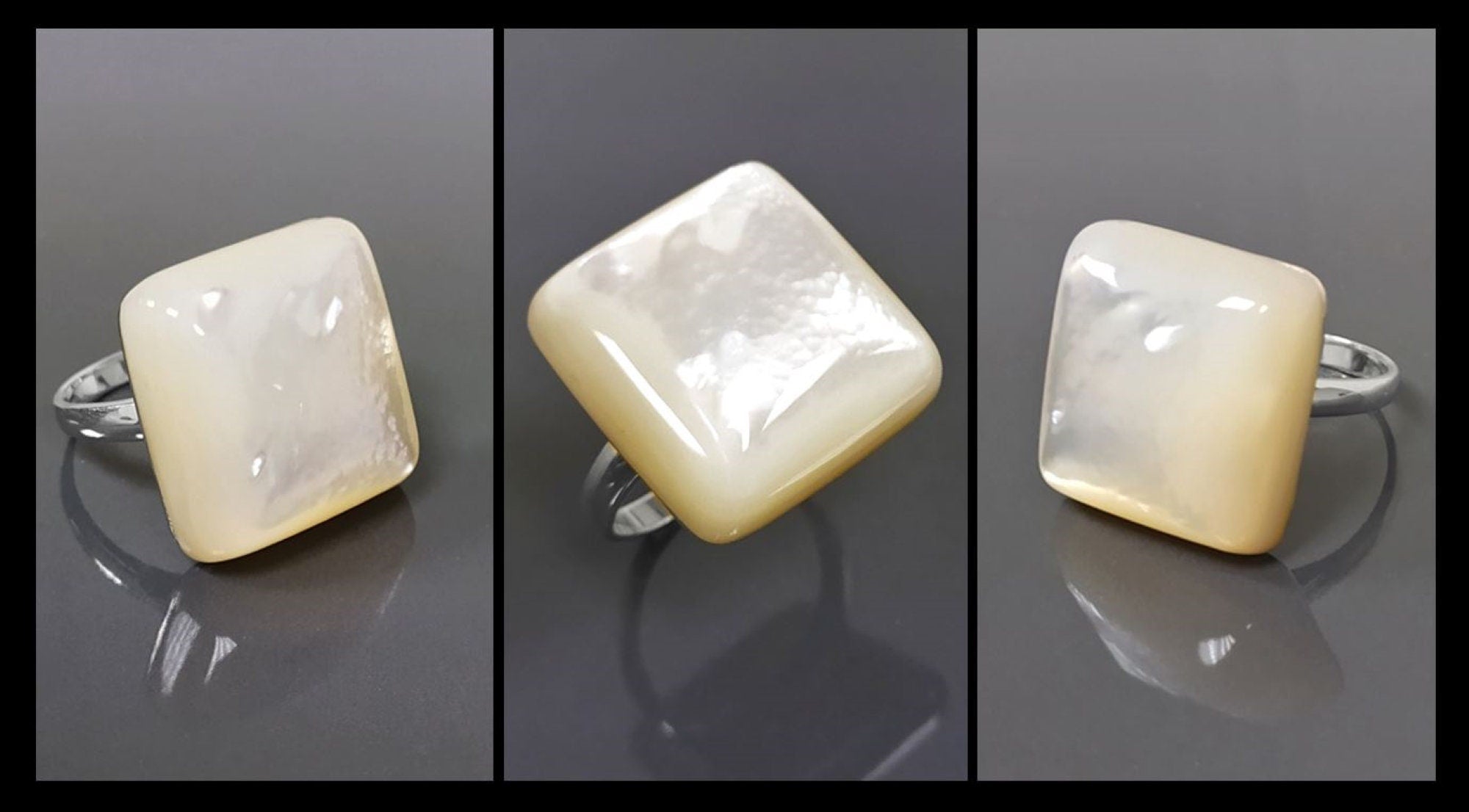 White Square Ring, Sterling Silver, Natural Mother of Pearl Shell, Designer Geometrical Foursquare Stone Jewelry, Statement Minimalist Ring