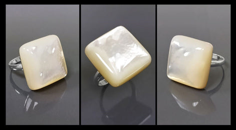 White Square Ring, Sterling Silver, Natural Mother of Pearl Shell, Designer Geometrical Foursquare Stone Jewelry, Statement Minimalist Ring