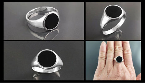 Sterling Silver Round Black Onyx Signet Ring, Unisex