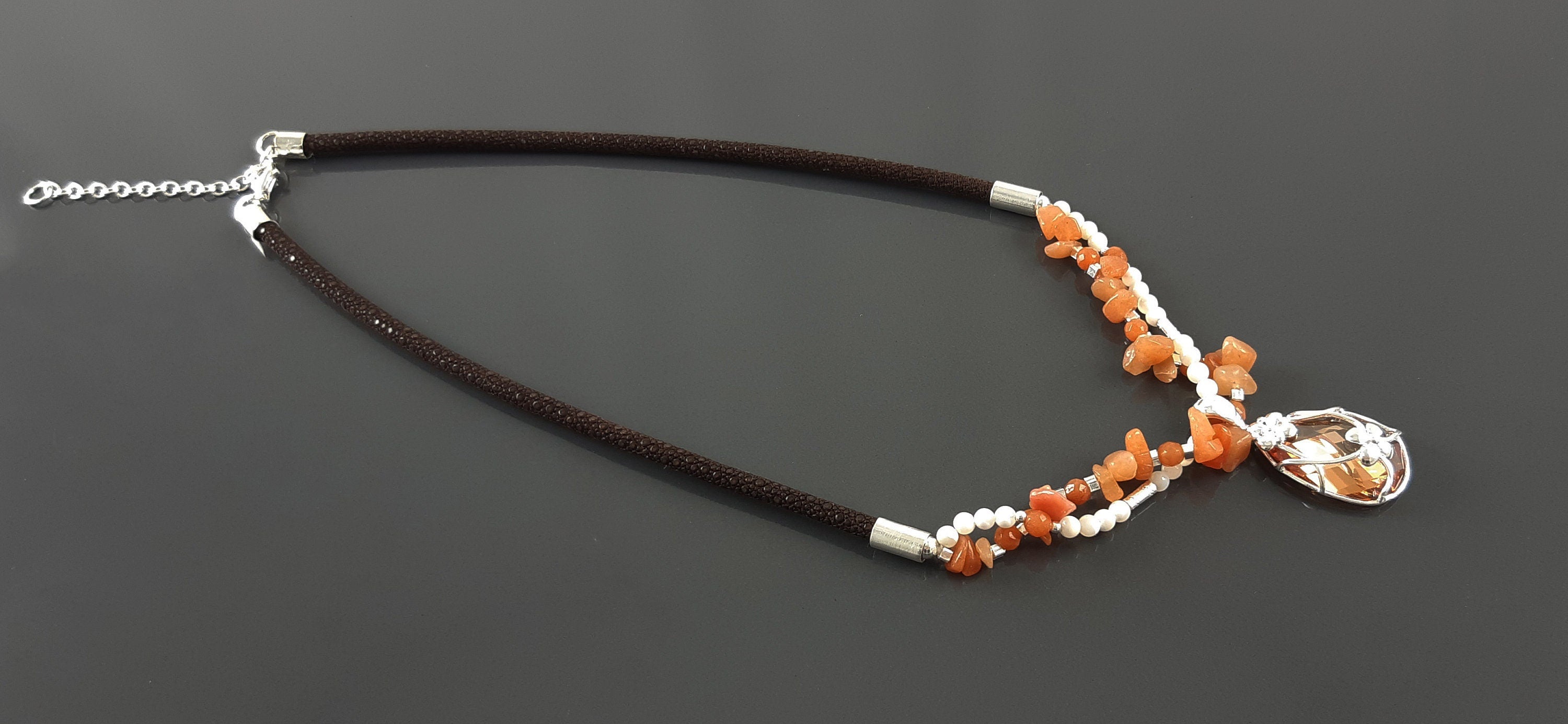 Orange Stone Color Necklace, Sterling Silver, NATURAL Agate Stones, Pearls Strands, Lab Orange Stone Cz, Flower Pendant, Stingray Collar