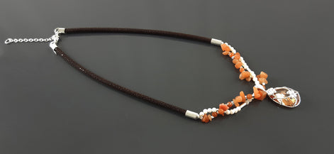 Orange Stone Color Necklace, Sterling Silver, NATURAL Agate Stones, Pearls Strands, Lab Orange Stone Cz, Flower Pendant, Stingray Collar