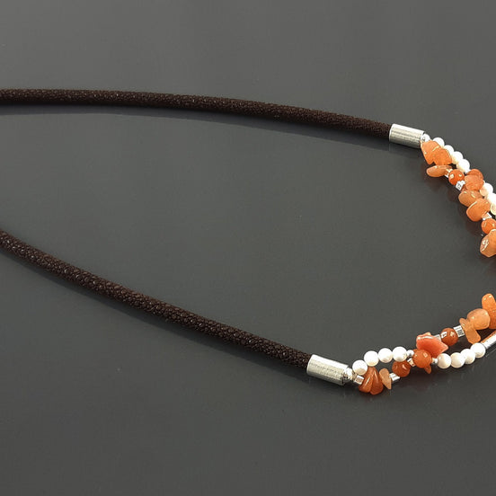 Orange Stone Color Necklace, Sterling Silver, NATURAL Agate Stones, Pearls Strands, Lab Orange Stone Cz, Flower Pendant, Stingray Collar