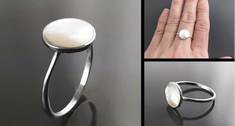 925 Mother of Pearl Sterling Silver Ring - Handmade Stacking Ring, Small MOP Ring