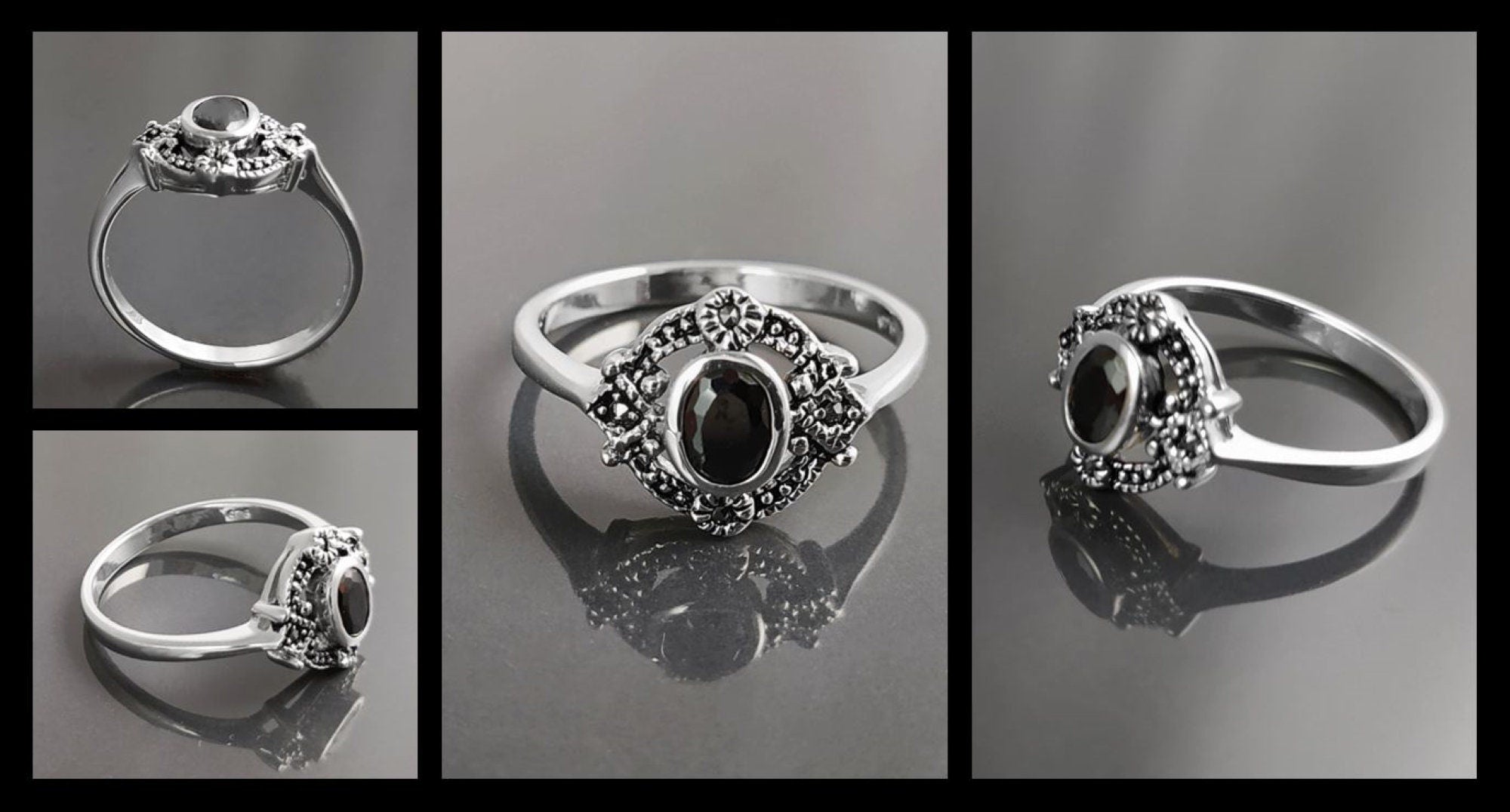 Black Antique Ring, Sterling Silver ring with Oval Black Cz Stone and Marcasites Stones, Round Vintage Art-Deco Design Jewelry