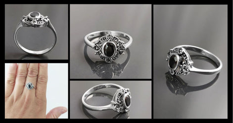 Black Antique Ring, Sterling Silver ring with Oval Black Cz Stone and Marcasites Stones, Round Vintage Art-Deco Design Jewelry