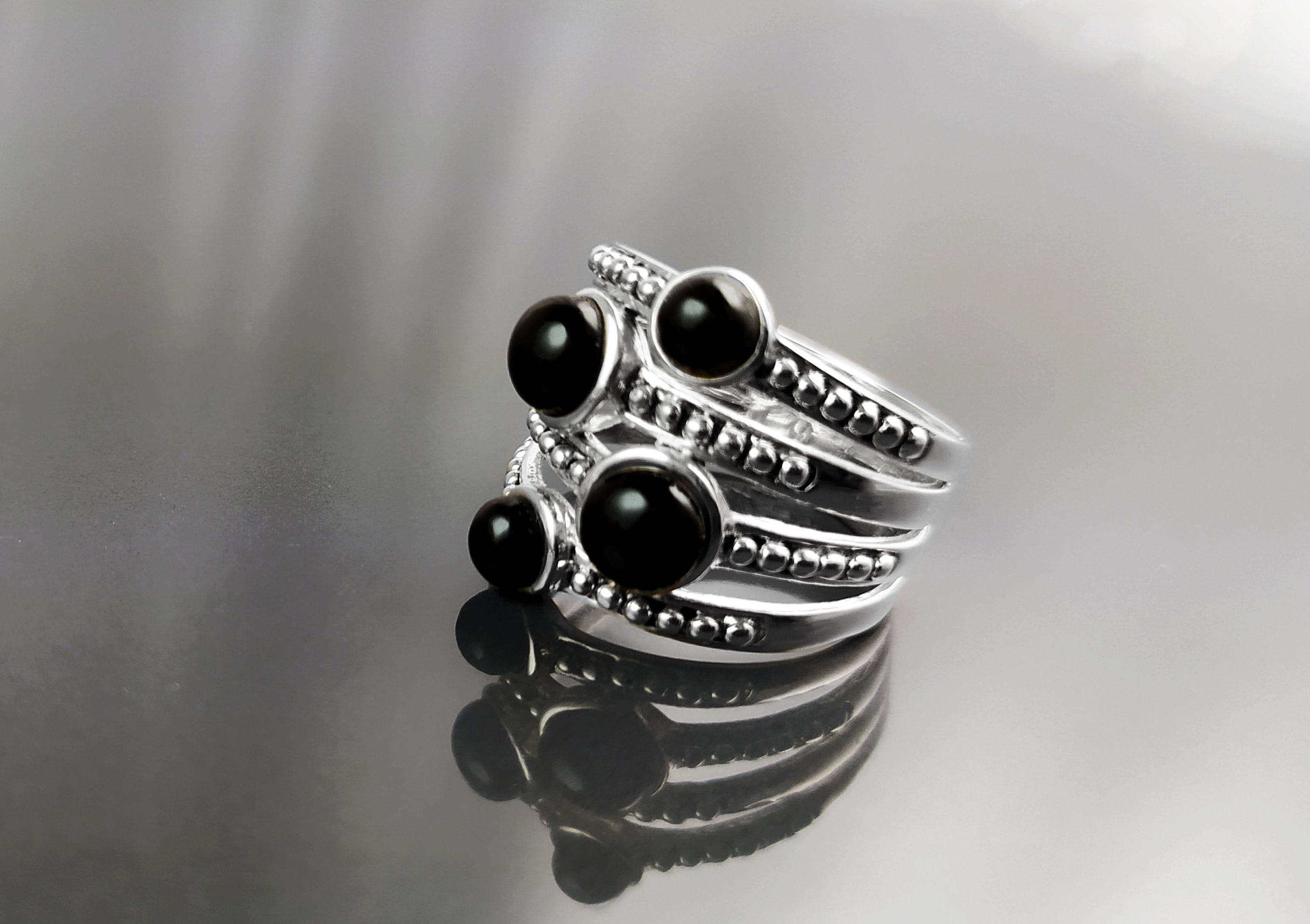 Onyx Multi Band Ring • Sterling Silver • Boho Black Stone Jewelry • Statement Antique Style gift for Her
