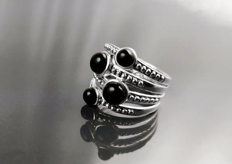 Onyx Multi Band Ring • Sterling Silver • Boho Black Stone Jewelry • Statement Antique Style gift for Her