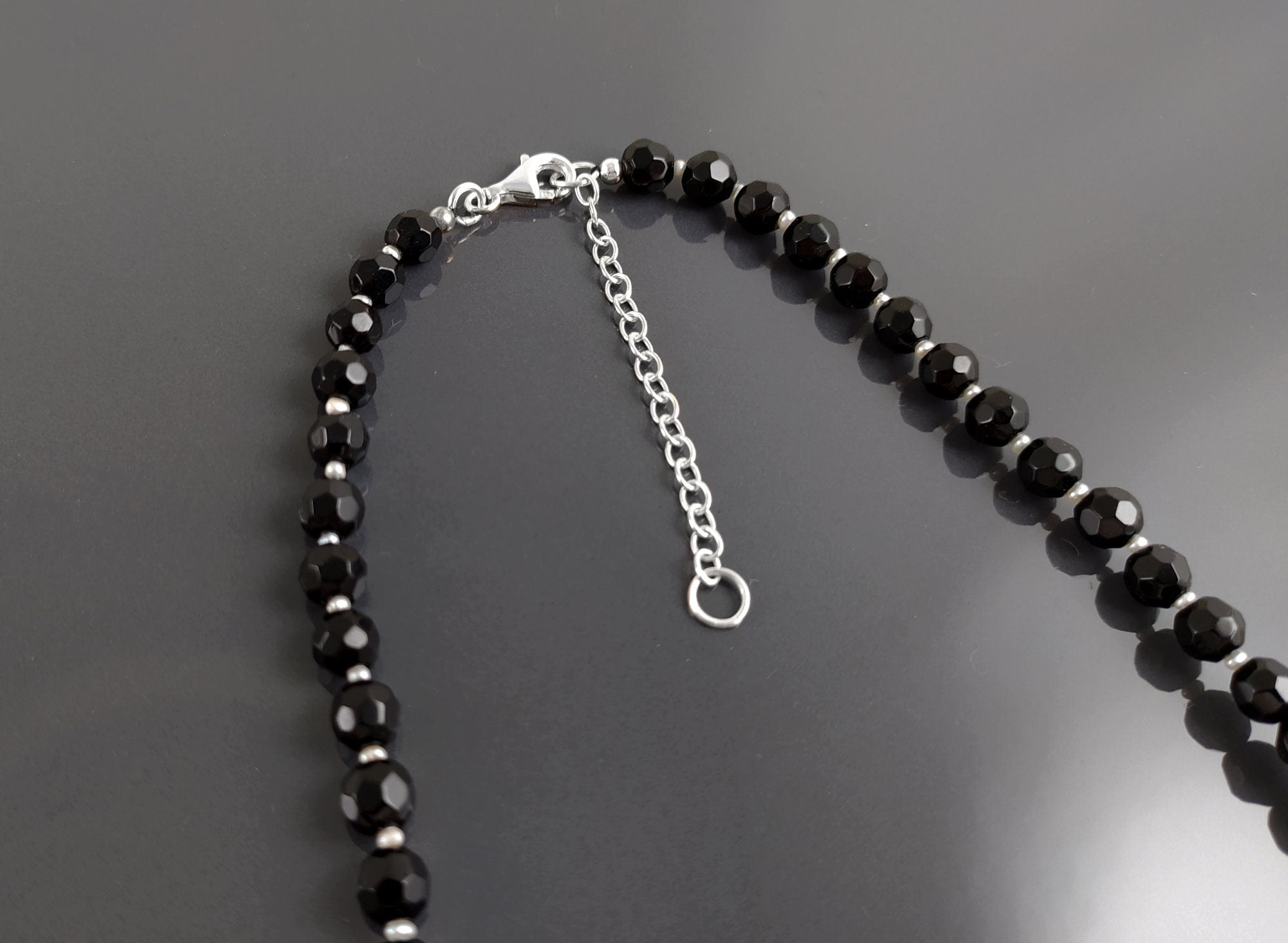 Boho Black Necklace, Sterling Silver, White agate and Black Onyx Gemstones, Adjustable Stone Necklace Choker, Spiritual Jewelry